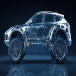 **Stainless steel SUV modern long body, full of hydraulic mechanical parts, ultra bionic super shape, dark background, round lines, over blue cracked base, --ar 16:9** - Image #2 <@1164377807414116392>