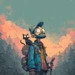 **<https://s.mj.run/RTecCqauTFQ> Reimagine this clean cartoon illustration in a painterly, atmospheric style. Use muted earthy tones blended with halloween colored pastels, textured brush strokes, and hazy gradients in the sky. Hiking through the forest with his cat. In the Pacific Northwest near the mountains during blue hour. Apply loose, expressive linework with subtle shading, crosshatching, and worn textures. Add depth and warmth through cinematic lighting and moody color grading. Expressions should remain exaggerated yet nuanced, balancing humor and melancholy within an atmospheric, storybook-like setting. Color Palette: 20% pastel periwinkle 40% pastel cotton candy 20% pastel sekura pink 10% pastel celadon 10% pastel black** - Image #1 <@757787837981786134>