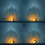 **A vertical, cinematic scene set in thick, misty fog. In the background, a colossal, ghostly figure stands facing directly forward the massive shoulders and torso of a humanoid giant with a head made entirely from the U.S. Capitol dome. The dome is seamlessly integrated, intimidating, expressionless, and symbolic of systemic power and political threat. The giant looms in silence, ethereal and cold, with minimal detail except strong architectural and structural weight in its form. In the foreground, a glowing doctor figure kneels with deep compassion. The figure is made entirely of radiant light warm gold and white and is gently listening to the heartbeat of a small glowing child using a clearly visible stethoscope. The doctor’s posture is intimate and protective. The child stands calmly, trusting. Both figures glow from within and are the only light source in the scene, casting light into the fog that gently reveals the presence of the looming Capitol-giant. The composition emphasizes the massive scale contrast between the giant and the glowing human figures. Visual style is painterly or digital illustration poster-ready, dramatic, and reverent. Chiaroscuro lighting, soft fog diffusion, and strong emotional impact. Use warm glow for the figures and cool grays and blues for the giant and background. Emotion: quiet defiance, compassion under pressure, light in systemic darkness. --ar 2:3 --v 7.0** - Variations (Subtle) by <@801873084395028480> (fast)