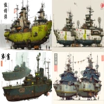**a dnd style concept art of two feudal japan iron and wooden arctic based space vessels, have different number in the hull, same size but not identical, dark industrial scifi style, labeled as marine research vessels, white base with small hi-viz lime hazard markings, mechanical details, Japanese characters, realistic look, moody atmosphere, a little bit foggy, signal towers, various size nobori, have japanese anime mural on the hulls, signal cabbles, on a white background in the style of Studio Ghibli and Makoto Shinkai, cel-shaded, full-body, cartoon, 2D game art --ar 8:5** - <@1043498067623686144> (fast)