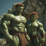 **Realistic 3d rendering. Full body portrait of two characters. ruggedly handsome, Hyper muscular handsome twin green skinned orcs, bright silver eyes, short curly redred hair, short pointed ears, defined muscles, pronounced features, hyper muscular, wide Grecian nose, strong square jaw, defined cheek bones, masculine features, freckles. Bodybuilder. wearing a tight short leather skirt. His oiled skin glistens under intense studio lighting. A strong camera flash highlights the shine on his muscles, creating bright reflections on his body, arms, and thighs. Retro fitness photography style, slightly exaggerated lighting contrast, 90s magazine aesthetic, center-framed, studio portrait shot. Standing and posing in a sunny rocky field. --ar 5:6** - Image #1 <@1222981214734913607>