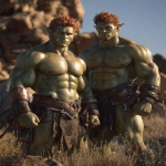 **Realistic 3d rendering. Full body portrait of two characters. ruggedly handsome, Hyper muscular handsome twin green skinned orcs, bright silver eyes, short curly redred hair, short pointed ears, defined muscles, pronounced features, hyper muscular, wide Grecian nose, strong square jaw, defined cheek bones, masculine features, freckles. Bodybuilder. wearing a tight short leather skirt. His oiled skin glistens under intense studio lighting. A strong camera flash highlights the shine on his muscles, creating bright reflections on his body, arms, and thighs. Retro fitness photography style, slightly exaggerated lighting contrast, 90s magazine aesthetic, center-framed, studio portrait shot. Standing and posing in a sunny rocky field. --ar 5:6 --v 7.0** - Image #3 <@1222981214734913607>