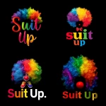 **a logo of a rainbow clown wig and clown shoes saying "Suit Up" on a black background --s 50** - <@441294708036206603> (fast)