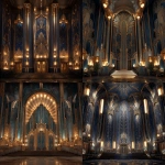 **Grand Art Deco style entrance with towering vertical columns and intricate sunburst patterns, glowing gold and bronze accents, stylized floral and fan motifs, rich decorative details, ornate blue and metallic glass elements, symmetrical 1920s theater aesthetic, cinematic lighting, ultra high resolution, opulent and luxurious** - <@856182890572415006> (fast)