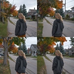 **Blonde woman walking down a sidewalk, lower-middle class neighborhood and forest in the background, she wears a hoodie, fall weather, side view of the woman** - Zoom Out by <@1014234226171858944> (fast)