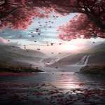 **blueprint Heavenly wonderland valley,Wide shot,Eye-level view,Cascading waterfalls, serene river, abundant pink cherry blossoms, mossy green hills, distant misty mountains, numerous pink/red butterflies + Hanging blooms, falling petals on water, sparkling light particles, ethereal mist,Butterflies fluttering, water flowing,Magical sunlit daytime,Distant misty mountains, glowing sun background,Ethereal, idyllic, dreamlike, vibrant atmosphere,Hyperrealistic photography, fantasy illustration, luminous style,Ultra-detailed, 8K quality,Bright ethereal sunlight, soft highlights lighting,Soft pinks, blues, greens, red butterflies, golden light colors --ar 9:16 --v 6.0 --s 250 --p hzbw227** - Image #3 <@1310799197464821800>