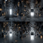 **futuristic wall made of layered cubes, symmetrical perspective, walls covered with floating and embedded blocks of varying sizes, metallic textures, deep tunnel view, cyberpunk atmosphere, dark void at the end of the corridor, no light in the distance, volumetric lighting, dark sci-fi mood, ultra detailed, --s 250 --v 7.0** - Remix (Strong) by <@1057577968781762630> (turbo)
-# Create, explore, and organize on [midjourney.com](<https://midjourney.com/imagine?from_discord=1>)