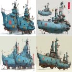 **a dnd style concept art of two feudal japan wooden and old iron nuclear powered destroyer ships, Japan Taisho era armada, have different number in the hull, same size but not identical, dark industrial scifi style, labeled as fleet's best boats, sky blue-white color with small hi-viz lime and red hazard markings, mechanical details, Japanese characters graffiti on the hulls, realistic look, moody atmosphere, a little bit foggy, signal towers, various size nobori, various size lanterns, robotic-mechanical arms, have japanese anime mural on the hulls, signal cabbles, on a white background in the style of Studio Ghibli and Makoto Shinkai, cel-shaded, full-body, cartoon, 2D game art --ar 11:5** - <@1043498067623686144> (fast)
