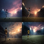 **the back of a soccer player with number 8 running towards the goal, the ball in front of him. The goal is visible in the distance during a night summer match with beautiful weather and a vivid sunset sky. The stadium is brightly lit. Ultra-high resolution. --ar 16:9 --v 7.0 --p 1dpxt9m** - <@1164481202535792724> (fast)