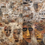 **dense abstract symbolic painting with layered ancestral mask-like figures, earthy ochre, rust, clay, sand and charcoal palette, highly detailed hand-drawn markings, dotted paths, spirals, tally marks, ritual symbols, and connective lines weaving through faces, busy textured background with faded ghost symbols and overlapping forms, ancient storytelling map aesthetic, raw canvas texture, imperfect organic lines, visual depth and complexity, sacred and mysterious, intentional chaos, tactile surface --ar 3:4 --raw --v 7.0** - <@1133084267879088158> (fast)
-# Create, explore, and organize on [midjourney.com](<https://midjourney.com/imagine?from_discord=1>)