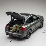 **A studio photograph of a plastic toy BMW X3 M Competition in ash grey, miniature scale, unmistakably a toy car. Extremely exaggerated toy plastic texture, thick glossy injection-molded plastic, visible mold lines, seams, and joints, slightly matte-to-glossy synthetic finish, tactile toy-like surface. Simplified details, rounded edges, chunky proportions, playful scale model aesthetics. The car is perfectly centered in the frame and appears small within the composition, with lots of clean negative space around it. Rear left three-quarter view. The trunk is open, revealing two transparent plastic toy bags filled with stylized cannabis buds made of plastic, clearly fake and toy-like. The front left door (driver side) is slightly open, and bundles of toy money bills made of plastic are falling out onto the white surface, frozen mid-fall. Collectible toy, miniature diorama, clearly not real. Seamless white background, high-key studio lighting, soft diffused shadow directly underneath the car, toy product photography style, macro lens look, shallow depth of field, ultra-detailed plastic textures, playful realism, no people, no text --ar 1:1 --v 6.0 --raw** - Image #4 <@374329521580802048>