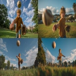 **Image from slightly above eye level: a 10-year-old boy wearing blue shorts and an ochre t-shirt stands on a lush green park lawn, mid-action as he throws a baseball directly toward the viewer. A baseball glove is on his hand, and the ball floats mid-air above him. He is looking directly at the camera. Natural sunlight with soft shadows illuminates the scene. The background features a clear blue summer sky, distant trees, and buildings along the horizon. Full-body view, professional color grading, clean sharp focus, no grain, cinematic quality. Shot with a Sony Alpha A7 III and Zeiss ultra-macro lens, f/2.8 aperture, high resolution:: --aspect 16:9 --s 250** - <@1220830039520841890> (fast)