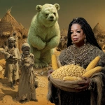 **Oprah Winfrey, holding corn, is a white midget woman, and into the rate of her is a green bear. Above the white woman is available, they are in Africa with sand, huts made of hay, and villagers** - Image #1 <@846201883139375114>