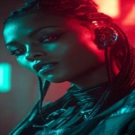 **realistic cyberpunk black female, at night, with neon lights in the background, red and turquoise. Strong light from above, on the face. High contrast. The female is looking towards the camera 3/4 view, she has braids, glowing eye cyber gear and an ear piece --ar 9:16** - Image #4 <@1174469651695144981>