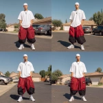 **A young handsome tan skinned white man with a white Durag on his head dressed in a Y2K Cholo gangster style, wearing a white Pro Club t shirt and extremely baggy, extra-long, 3XL plain red and black baggy long Jordan basketball shorts. He is wearing a white Durag on his head and Nike Cortez shoes standing in his driveway. His shorts go down to his feet touching the ground and his shoes --v 7.0** - Variations (Strong) by <@1061360796438900746> (fast)
-# Create, explore, and organize on [midjourney.com](<https://midjourney.com/imagine?from_discord=1>)