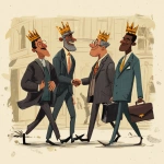 **a cartoon depiction of mixed cultural kings dressed in business suits, walking and talking: a cartoon depiction of kings: A man is as good as his word. Remember, your word is your bond. The kings, wearing their crowns, shake each other's hands.** - Image #4 <@1066298563220484147>