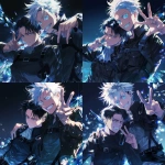 **Still taken shot from anime episode - Levi Ackerman from Attack on Titan and Satoru Gojo from Jujutsu Kaisen. Gojo has white hair, his arm around Levi's shoulder and is posing with a big smile and making a peace sign, Levi has black hair, has his arms crossed and looks slightly annoyed against a black background with sparkles in the art style of attack on titan anime. Friendship-style pose, Anime TV art style, attack on titan, jujutsu Kaisen. Uniform details, beautiful lighting, anime art, manga --niji 6** - Variations (Strong) by <@774763495555072010> (fast)