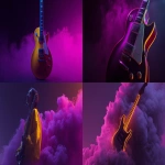 **make a cover, leave space for text on the left, dark smoke and empty purple space on the left, make the left space dark, neon guitar, black background, purple-yellow style, hyperrealism style, minimalism --ar 7:4 --s 250 --raw** - Remix (Strong) by <@1189578992479633449> (fast)