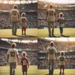 **father and son at the football stadium, holding hands, the father is wearing tennis pants, both wearing striped team shirts with the number ten on the back, full body, fans behind, showing the lawn, sunny day, natural light** - Variations (Strong) by <@450124934837043201> (fast)