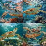 **A sea turtle swimming gracefully in the crystal-clear waters of an ocean, surrounded by coral reefs and seagrass. Realistic art style, flat painting, airbrushing in the style of a skilled artist. --ar 5:7 --v 6.0 --s 250** - <@756269320539209761> (fast)