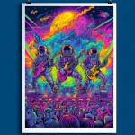 **award-winning concert poster in vibrant blacklist poster coloring, displaying a 4-piece rock band of astronauts jamming on a stage with an insane laser light show illuminating them and a frothing-at-the-mouth audience** - Image #2 <@539290812681551874>