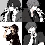 **A cool, stylish young man in a monochrome-themed setting, holding a microphone close to his lips as if singing. He has messy, medium-length black hair covering part of his face, with a melancholic and quiet aura. Wearing a loose black T-shirt or open black shirt and dark pants, his look is minimalist but edgy. The background is dark with soft lighting, emphasizing contrast between black and white tones. Use desaturated grays and soft blue-gray shadows to create a moody, emotional rock atmosphere. His posture is relaxed but expressive, with a subtle intensity in his eyes. Square composition (1:1), cinematic framing inspired by Japanese alternative rock musicians. No bright colors. Emphasis on subtle shading and contrast. --aspect 1:1 --niji 6 --personalize dcalzgc --stylize 777** - <@1211866223701401620> (fast, stealth)