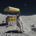 **Photo of a lonely astronaut at the lunar lemon bar. Black and white and yellow color --ar 16:9** - Image #4 <@391048027051261958>