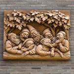 **a relief carving of 7 dwarfs drunkenly sleeping off the night after they found SnowWhite in her eternal slumber, vibrant, 8k, 3D, projected onto a brick wall** - Image #4 <@735147994395050104>