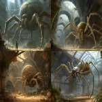 **add large wood spiders, fantasy monsters. Add cocoons made from spider web and lots of spider webs. --ar 4:3 --v 7.0** - Variations (Region) by <@250270395821719552> (fast)