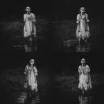 **a black and white photo-realism of a young girl, in ragged white dress, and heavy, dark makeup. she is standing in ankle deep water, looking upwards and grinning. eerie, unsettling.** - Variations (Strong) by <@376196082390138880> (fast)