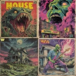 **a vintage death metal, 80s/90s band album cover meets 60s horror comic book cover - "Hugo’s House"** - <@376196082390138880> (fast)