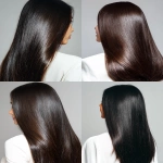 **a close-up of the back view, highlighting shiny and glossy hair with a deep black color. the focus is on her long, dark brown, straight locks, showcasing their soft texture against a neutral background. she's seen in profile, wearing white attire, adding to the simplicity of the composition. her hair should appear smooth, without any styled elements or product streaks, emphasizing its natural shine and sheen. --ar 46:61** - <@1176528279734329450> (fast)