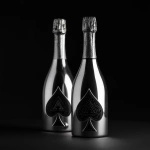**album art cover of 2 bottles of silver ace of spades champagne bottles with a black background. The theme is party, minimalistic and black and white --v 7.0** - Upscaled by <@858514381120602142> (fast)