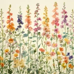 **A delicate watercolor painting of various pastel-colored wildflowers, including larkspur and violets, arranged in rows on the right side of an off-white background. The flowers have soft edges and subtle shading to give them depth. --v 6.0 --s 250 --ar 11:12** - Upscaled (Subtle) by <@756269320539209761> (fast)