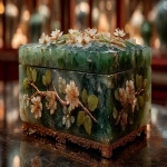 **ancient roman jewelry box with small delicate carved flowers, made from polished green dolomite crystal, on display in an art gallery --ar 16:9 --s 750 --v 7.0** - Image #4 <@1064451214823129168>