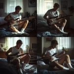 **a guy rocking his electronic guitar at home in his boxershort, he is wearing white socks and a loose white t-shirt, super realistic photo, HD** - Variations (Strong) by <@1125339774677426227> (fast)