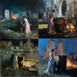 **The painting of a woman standing in a long dress at night in a meadow with church ruins, leaning on an old piano, surrounded by broken walls, a burning old piece of furniture, as if moving, was painted by Jenny Saville.** - <@1106776019475636345> (fast)