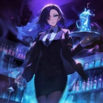 **Anime, A night club filled with smoke and mirrors that reflect the single beauty walking forward, it's a woman in a business jacket and a long pencil skirt, dark brown stockings, she's carrying a tray with a large pitcher of ice, her hair midnight blue with purple tips and short cut hair ending around the shoulders, confident smile, narrow squinting blue eyes, pencil thin black eyebrows flat --niji 6** - Upscaled (Creative) by <@372629349565988865> (fast, stealth)