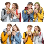 **two teenagers, boy and girl with backpacks, happily eating kebab wraps, photo, white background** - <@1019171884983648307> (fast)