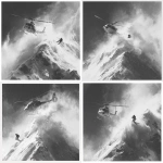 **image of a helicopter over a mountain, snowboarder jumping out, snow flying, black and grey scale, realism** - Variations (Strong) by <@1078128829190647828> (fast)