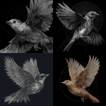 **fineline design of a bird in the style of tattoo artist zihwa, microrealistic details, wings outstretched, head looking towards to the side, background in the style of tattoo artist oscar akermo, modern aesthetic, artistic and expensive vibes, intricate and complicated details, feminine, ultra high definition, line art style --v 7.0** - <@241887161421529090> (fast)