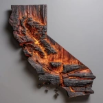 **california state shape made out of redwood, scorched from the bottom, with embers, smoking and still scorched** - Image #3 <@204451535554478080>