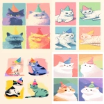 **4 illustrations of cats in different poses wearing party hats, colorful, cute, simple, in the style of naoko takeuchi, with a colorful background, bright colors, pastel tones, 2d flat style, with a white border and black ink outlines, a colorful illustration in the style of ryo takemasa, jon klassen, and atey ghailan, with soft edges and blurred details, and white space at the top and bottom of each drawing to create an isolated composition. --ar 9:16** - <@409716268476923920> (fast)
-# Create, explore, and organize on [midjourney.com](<https://midjourney.com/imagine?from_discord=1>)