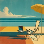 **1940s poster artwork bold flat lines shadows striking colors a laptop on a table next to a lounge chair on a beach --ar 3:2 --v 7.0** - Image #1 <@812550296944377857>