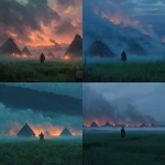 **A green field covered in fog, fire from medival huts in the background illuminate the sky, a Aknight stands center frame staring into the distance** - <@647094775748493312> (fast)