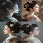**Realistic chest-up portrait of a geisha in side or 3/4 profile, wearing a traditional kimono with detailed embroidery, elegant Japanese updo with ornate kanzashi hairpins, soft cinematic lighting, somber emotional expression, subtle makeup, fine art photography, shallow depth of field, muted background, delicate textures --v 6.0 --ar 2:3 --raw** - <@791426924928827423> (fast)