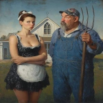 **<https://s.mj.run/AWAnPn8tRcg> twilight, dusk, an oil painting depicting a beautiful full figured woman in a provocative short dress and apron and an athletic confused man in blue overalls with a goatee beard holding a pitchfork, odd poses, provocative silk black lace fashion, oil painting with textures, with an american farmhouse in the background. --ar 3:4 --chaos 5 --iw 0.4 --v 7.0** - Image #1 <@988364629556199494>