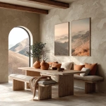 **contemporary dining room with wooden table, muted earth tones, terracotta ceramics, beige plaster wall, soft morning light, two framed vertical posters (2:3) aligned above dining bench, your art here, clean aesthetic, --ar 1:1 --s 250** - Image #1 <@936233332788854815>