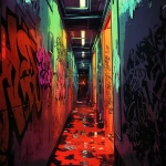 **comic book Cel-shaded anime style with bold clean linework, a long dark hallway lit by deep red lighting, shadows swallowing most details, walls completely covered top to bottom in dense graffiti tags and throw-ups, chaotic layered spray-paint textures, dripping paint, gritty urban atmosphere, high contrast red and black color palette, moody cinematic depth, <https://s.mj.run/PehohFc4Hs8> <https://s.mj.run/J_bf12mOTUI> --ar 16:9 --niji 6** - Image #2 <@257221362568003584>