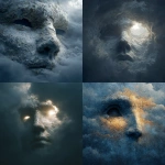 **Huge face with black eyes and nose, hinted at in the sky of clouds and moonlight --s 250** - <@1089203343378878556> (fast)